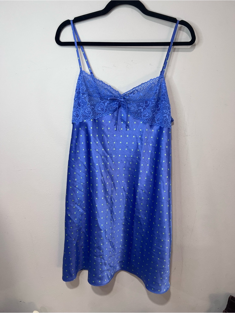 Morgan Taylor Periwinkle Satin Polka-Dot Nightgown Slip with Lace Bodice -Size L